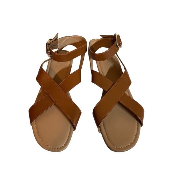 Old Navy Women's Faux Leather Cross Strap Buckle Sandals Size 10 Cognac NWOT - Picture 3 of 7